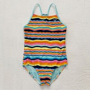 Speedo Girls' Thin Strap One Piece Swimsuit, Rainbow Stripes‎
